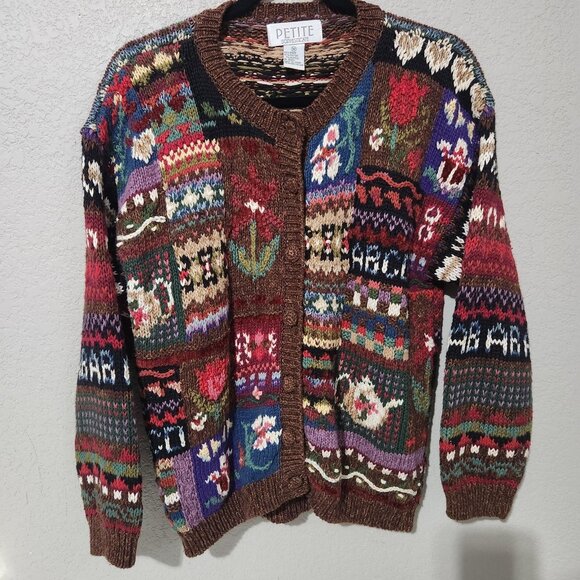 Petite Sophisticate Sweater Womens Medium Brown Cardigan Patchwork Cottagecore - Picture 1 of 14